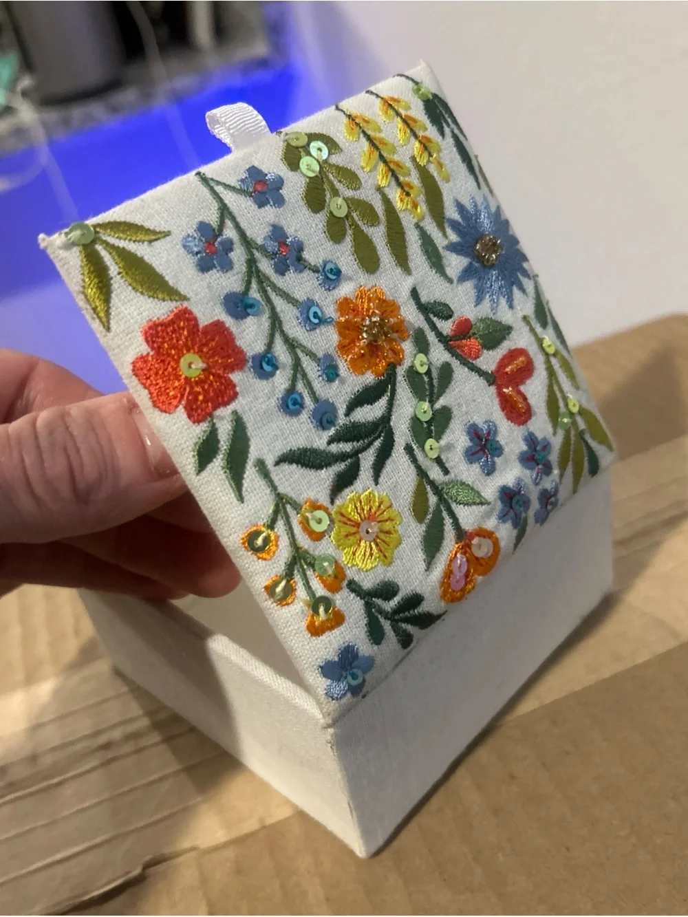 Hand Embroidered Floral Jewelry Box - canvas w/rhinestones